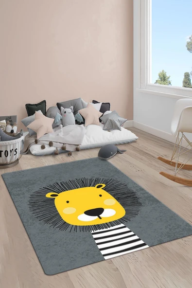 Kaymaz Taban Yıkanabilir Aslan Desenli Çocuk Halısı RENKLİ 120 X 180