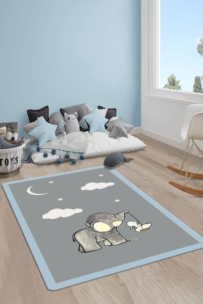 Kaymaz Taban Yıkanabilir Fil Desenli Çocuk Halısı RENKLİ 80 X 150