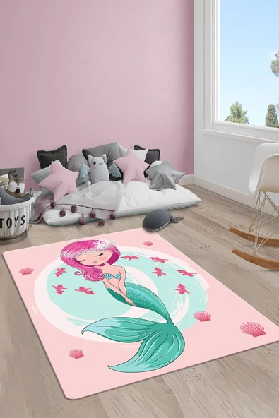 Kaymaz Taban Yıkanabilir Deniz Kızı Desenli Çocuk Halısı RENKLİ 100 X 300