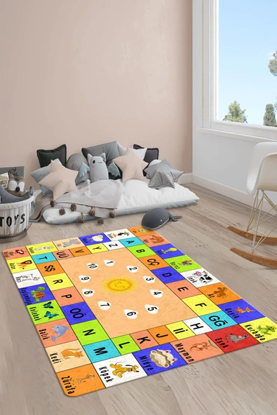 Kaymaz Taban Yıkanabilir Öğretici Desenli Çocuk Halısı RENKLİ 80 X 300