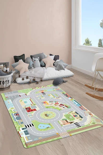 Kaymaz Taban Yıkanabilir Yol Desenli Çocuk Halısı RENKLİ 180 X 280