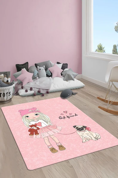 Kaymaz Taban Yıkanabilir Köpek ve Kız Desenli Çocuk Halısı RENKLİ 80 X 150