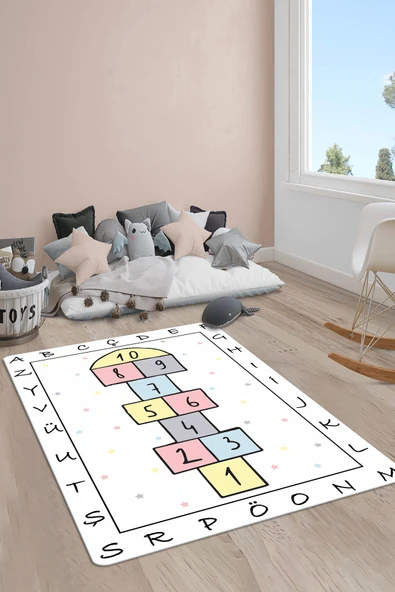 Kaymaz Taban Yıkanabilir Harfli Seksek Desenli Çocuk Halısı RENKLİ 180 X 280