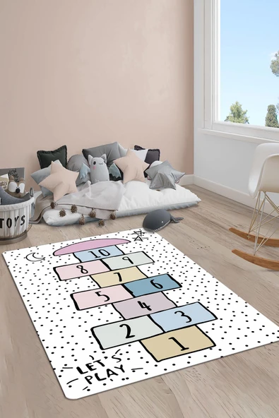 Kaymaz Taban Yıkanabilir Seksek Desenli Çocuk Halısı RENKLİ 100 X 200
