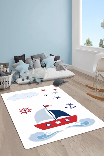 Kaymaz Taban Yıkanabilir Gemi Desenli Çocuk Halısı RENKLİ 80 X 200