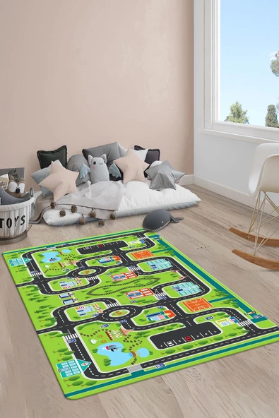 Kaymaz Taban Yıkanabilir Yol Desenli Çocuk Halısı RENKLİ 100 X 300