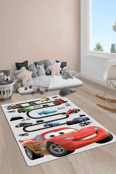 Kaymaz Taban Yıkanabilir Yol ve Araba Desenli Çocuk Halısı RENKLİ 120 X 180