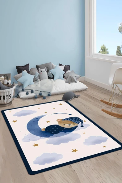 Kaymaz Taban Yıkanabilir Uyuyan Ayı ve Ay Desenli Çocuk Halısı RENKLİ 160 X 230