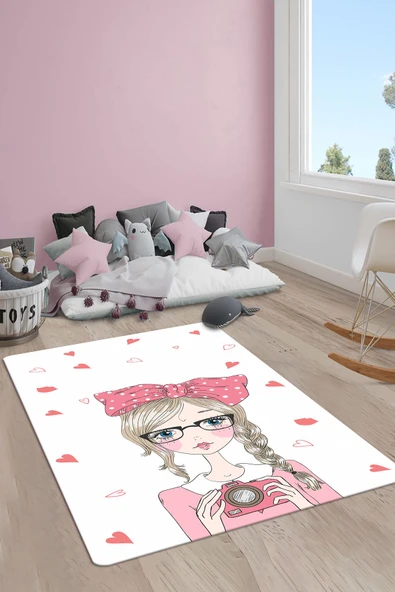Kaymaz Taban Yıkanabilir Tatlı Kız Desenli Çocuk Halısı RENKLİ 80 X 200