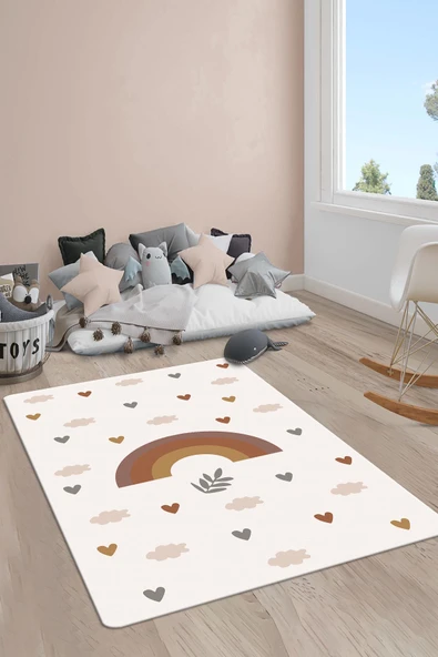 Kaymaz Taban Yıkanabilir Bulut Kalp Desenli Çocuk Halısı RENKLİ 120 X 180