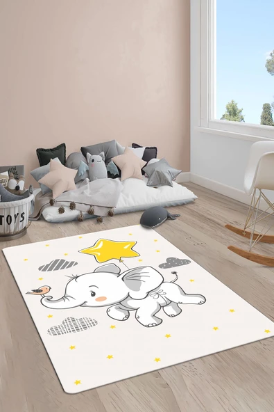 Kaymaz Taban Yıkanabilir Tatlı Fil Desenli Çocuk Halısı RENKLİ 140 X 200