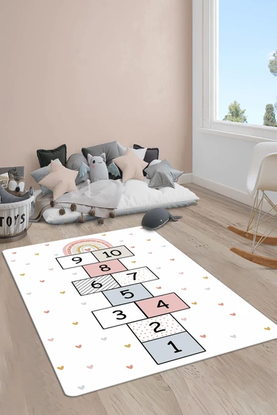 Kaymaz Taban Yıkanabilir Yıldız Seksek Desenli Çocuk Halısı RENKLİ 120 X 180