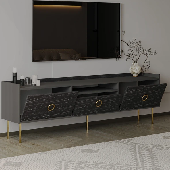 T0015 Lidya Kapaklı, Açık Raflı Tv Sehpası Antrasit/Siyah Mermer - 3