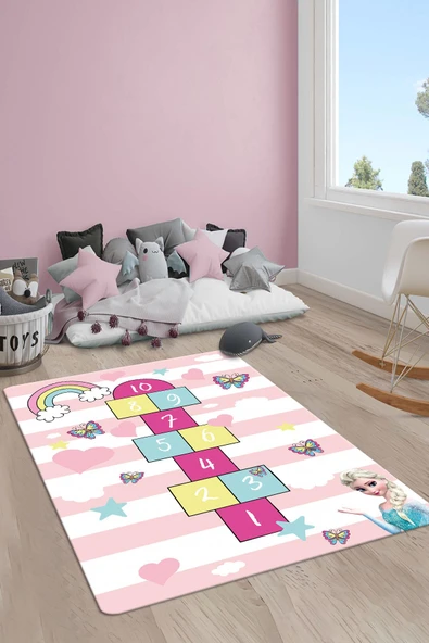 Kaymaz Taban Makinada Yıkanabilir Elsa Seksek Desenli Çocuk Halısı RENKLİ 80 X 200