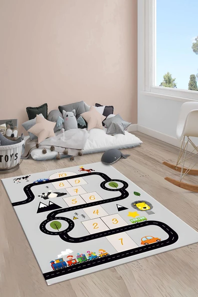 Kaymaz Taban Makinada Yıkanabilir Yol Araba ve Seksek Desenli Çocuk Halısı RENKLİ 120 X 180