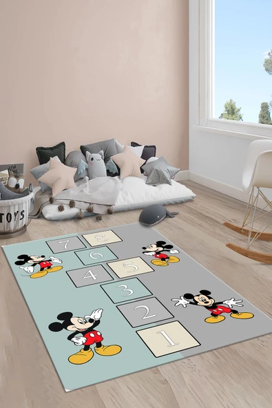 Kaymaz Taban Makinada Yıkanabilir Mickey Mouse Seksek Desenli Çocuk Halısı RENKLİ 80 X 200