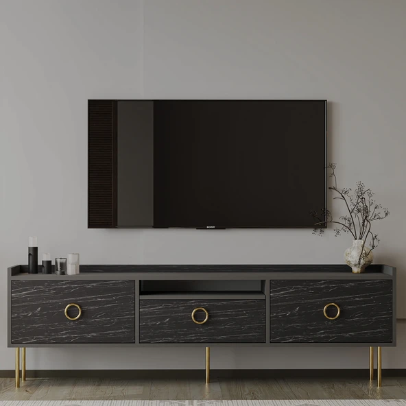 T0015 Lidya Kapaklı, Açık Raflı Tv Sehpası Antrasit/Siyah Mermer - 2