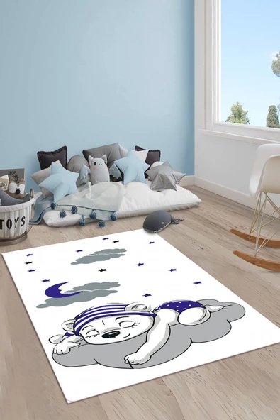 Kaymaz Taban Makinada Yıkanabilir Uyuyan Ayı Desenli Çocuk Halısı RENKLİ 200 X 300
