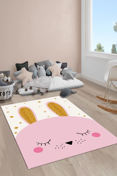 Kaymaz Taban Makinada Yıkanabilir Tavşan Desenli Çocuk Halısı RENKLİ 80 X 300