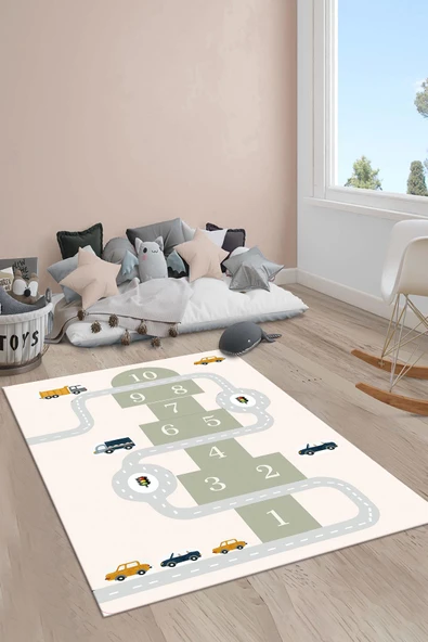 Kaymaz Taban Makinada Yıkanabilir Yol Araba ve Seksek Desenli Çocuk Halısı RENKLİ 80 X 150