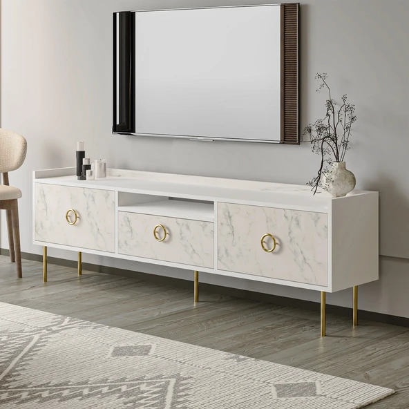 T0015 Lidya Kapaklı, Açık Raflı Tv Sehpası Beyaz/Mormo Beyaz Mermer - 3