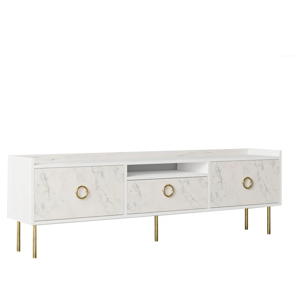 T0015 Lidya Kapaklı, Açık Raflı Tv Sehpası Beyaz/Mormo Beyaz Mermer - 5