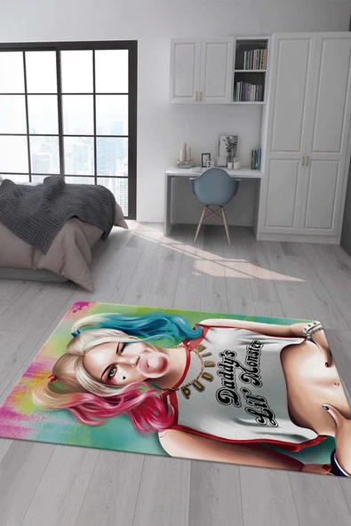 Kaymaz Taban Makinada Yıkanabilir Dijital Baskı Harley Quinn Desenli Çocuk Halısı RENKLİ 200 X 300