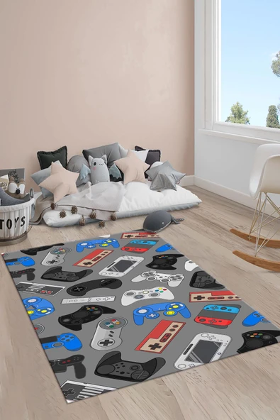 Kaymaz Taban Makinada Yıkanabilir Gamer Konsol Desenli Çocuk Halısı RENKLİ 80 X 300