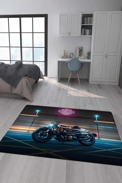 Kaymaz Taban Makinada Yıkanabilir Dijital Baskı Harleyy Motor Desenli Çocuk Halısı RENKLİ 180 X 280