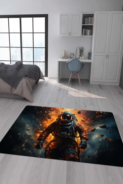 Kaymaz Taban Makinada Yıkanabilir Dijital Baskı Astronot Desenli Çocuk Halısı RENKLİ 140 X 200