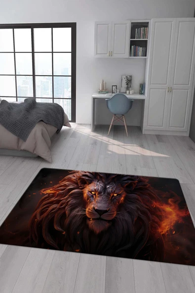 Kaymaz Taban Makinada Yıkanabilir Dijital Baskı Aslan Desenli Genç Odası Halısı RENKLİ 80 X 200