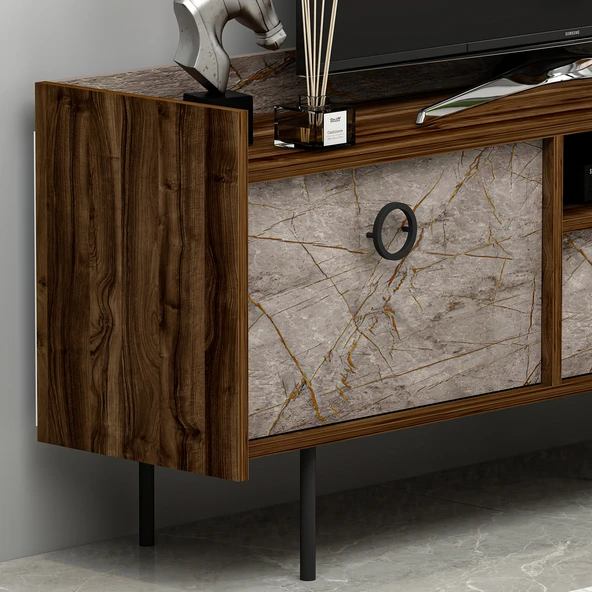 T0015 Lidya Kapaklı, Açık Raflı Tv Sehpası Gordion Mermer/Ceviz - 4