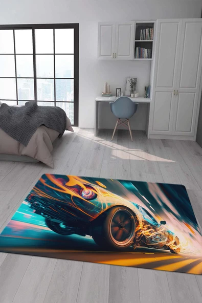 Kaymaz Taban Makinada Yıkanabilir Dijital Baskı Araba Desenli Genç Odası Halısı RENKLİ 80 X 200