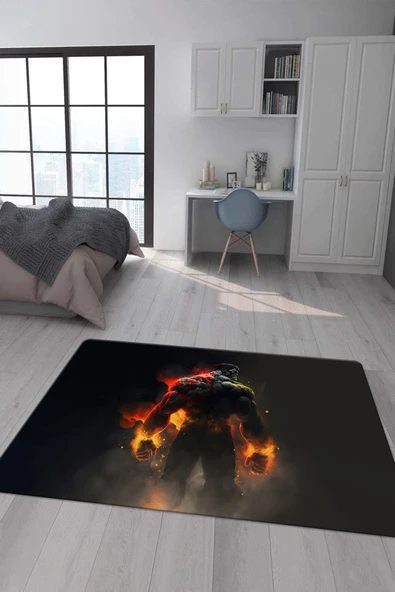 Kaymaz Taban Makinada Yıkanabilir Dijital Baskı Hulk Desenli Genç Odası Halısı RENKLİ 180 X 280