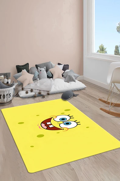 Kaymaz Taban Makinada Yıkanabilir Dijital Baskı Sarı Zemin Sünger Bob Desenli Çocuk Halısı RENKLİ 140 X 200