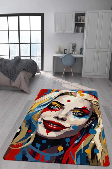 Kaymaz Taban Makinada Yıkanabilir Dijital Baskı Harley Quinn Desenli Çocuk Halısı RENKLİ 180 X 280