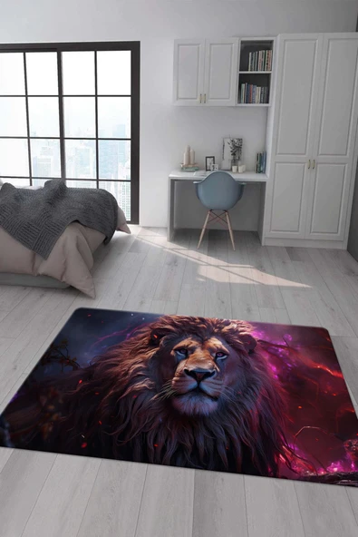 Kaymaz Taban Makinada Yıkanabilir Dijital Baskı Aslan Desenli Genç Odası Halısı RENKLİ 80 X 300