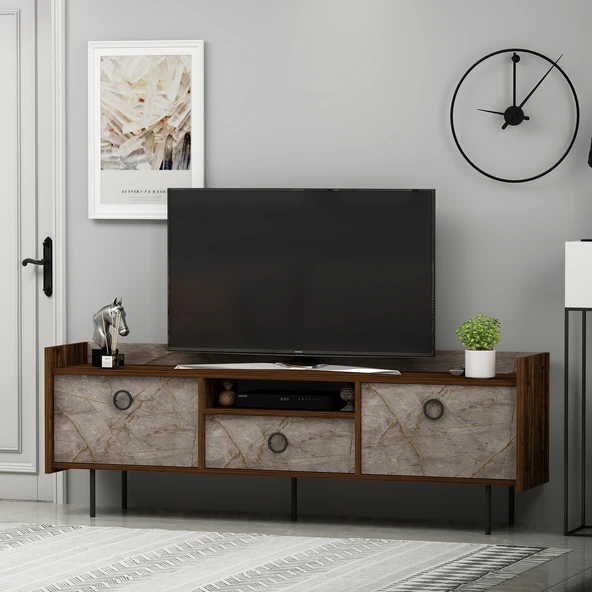 T0015 Lidya Kapaklı, Açık Raflı Tv Sehpası Gordion Mermer/Ceviz - 6