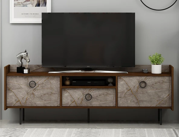 T0015 Lidya Kapaklı, Açık Raflı Tv Sehpası Gordion Mermer/Ceviz - 2
