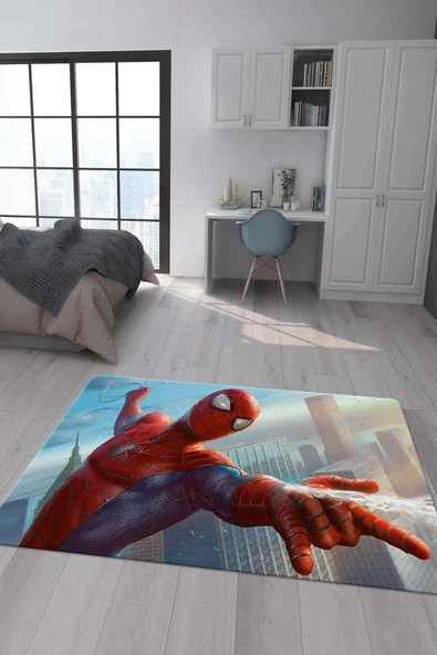 Kaymaz Taban Makinada Yıkanabilir Dijital Baskı Spiderman Desenli Genç Odası Halısı RENKLİ 140 X 200