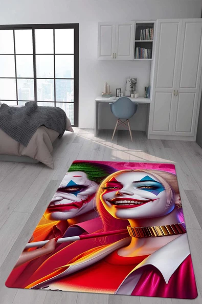 Kaymaz Taban Makinada Yıkanabilir Dijital Baskı Harley ve Joker Desenli Çocuk Halısı RENKLİ 80 X 300