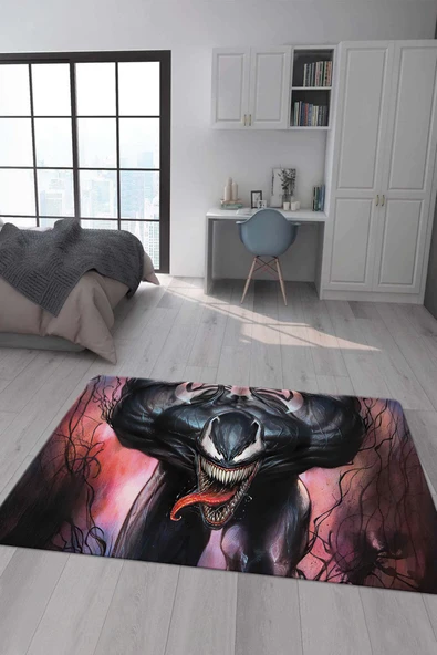 Kaymaz Taban Makinada Yıkanabilir Dijital Baskı Venom Desenli Genç Odası Halısı RENKLİ 100 X 200