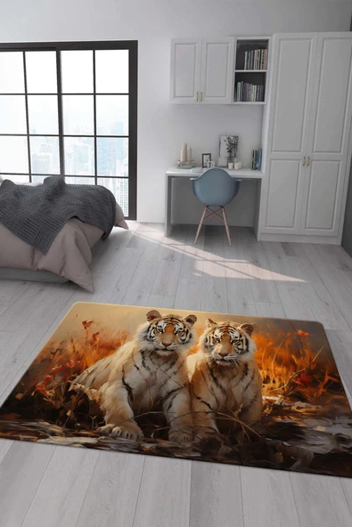 Kaymaz Taban Makinada Yıkanabilir Dijital Baskı Kaplan Desenli Genç Odası Halısı RENKLİ 80 X 300