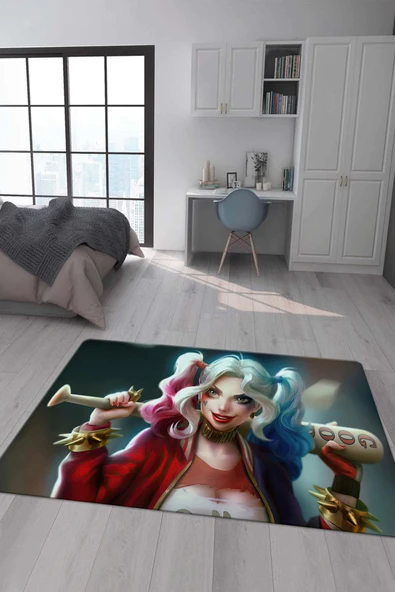 Kaymaz Taban Makinada Yıkanabilir Dijital Baskı Harley Quenn Desenli Genç Odası Halısı RENKLİ 120 X 180