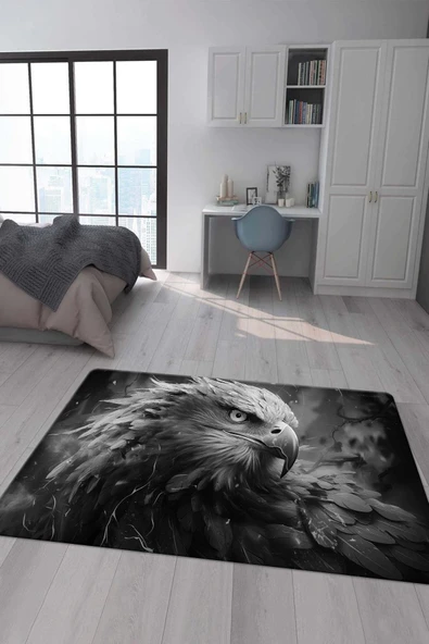 Kaymaz Taban Makinada Yıkanabilir Dijital Baskı Kartal Desenli Genç Odası Halısı RENKLİ 160 X 230