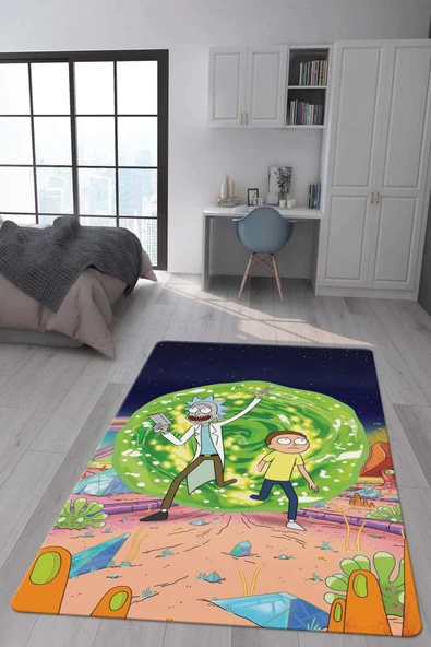 Kaymaz Taban Makinada Yıkanabilir Dijital Baskı Rick and Morty Desenli Genç Odası Halısı RENKLİ 80 X 150