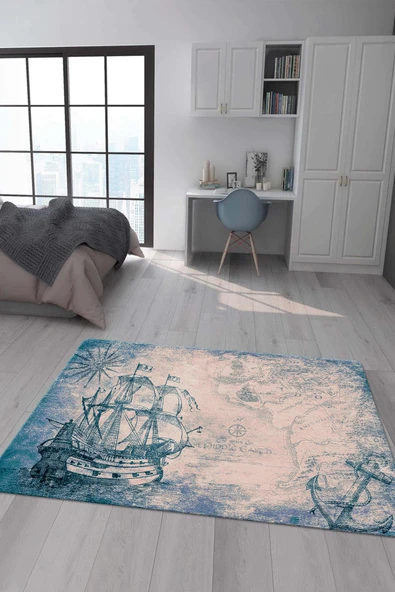 Kaymaz Taban Makinada Yıkanabilir Dijital Baskı Gemi Desenli Genç Odası Halısı RENKLİ 140 X 200