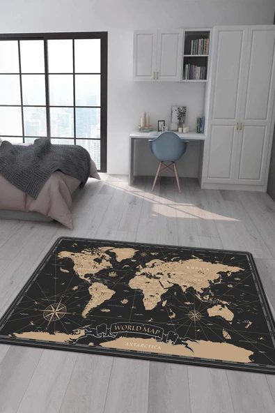 Kaymaz Taban Makinada Yıkanabilir Dijital Baskı Harita Desenli Genç Odası Halısı RENKLİ 120 X 180