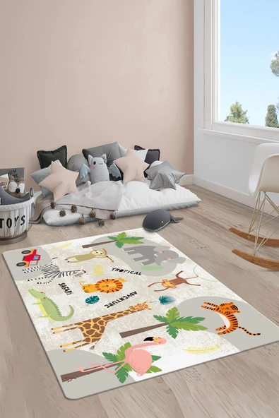 Kaymaz Taban Makinada Yıkanabilir Dijital Baskı Hayvanlar Desenli Genç Odası Halısı RENKLİ 80 X 300