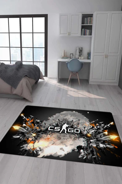 Kaymaz Taban Makinada Yıkanabilir Dijital Baskı CS GO Desenli Genç Odası Halısı RENKLİ 140 X 200